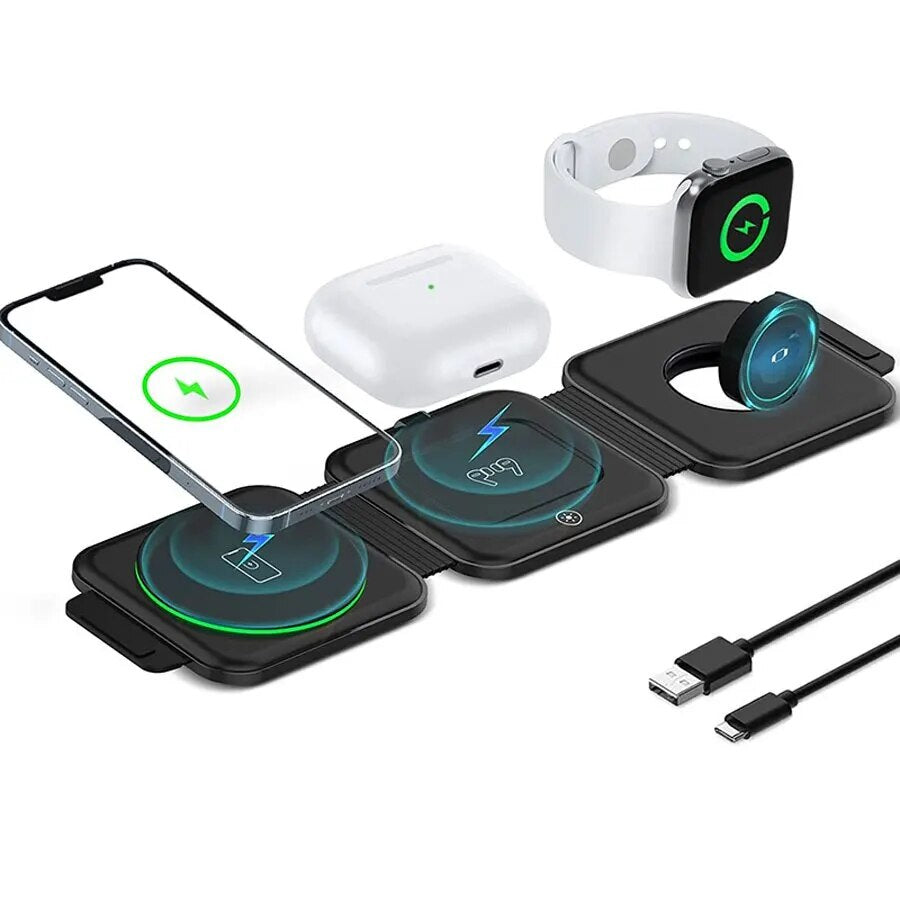 Premium 3 In 1 Wireless Charger Foldable MagSafe Compatible 15W Fast Charging Station Magnetic Portable Dock for Smartphone Watch and Earbuds