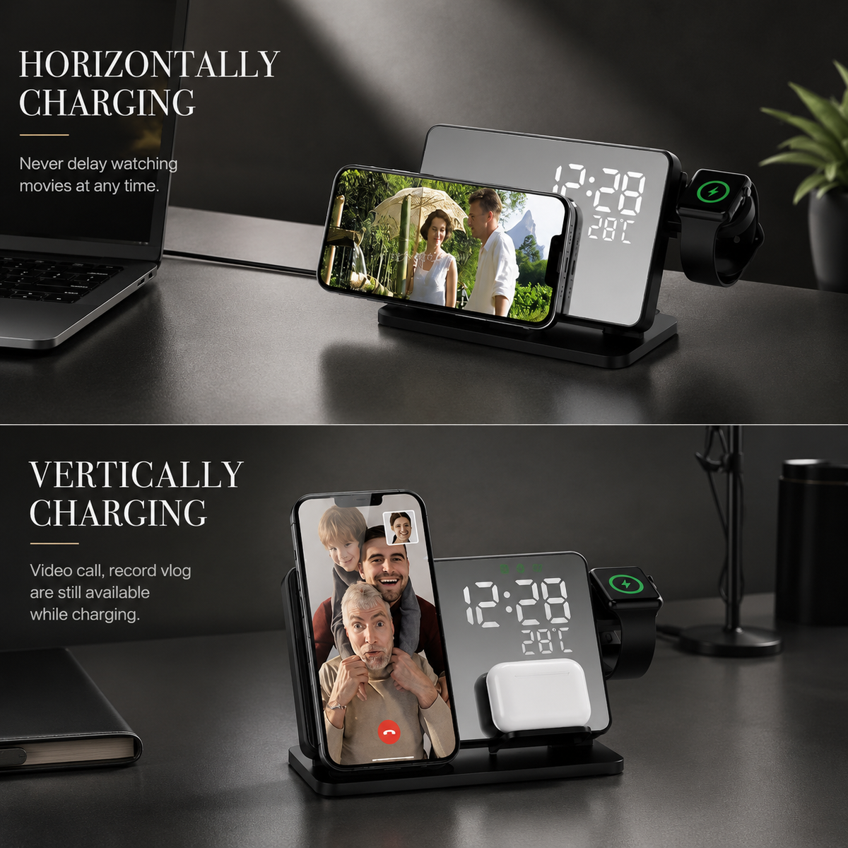 Premium 3-in-1 Wireless Charger Fast Charging Station Multi Device Charging Dock with Clock for Smartphone Watch Earbuds USB-C Desktop Stand Organizer