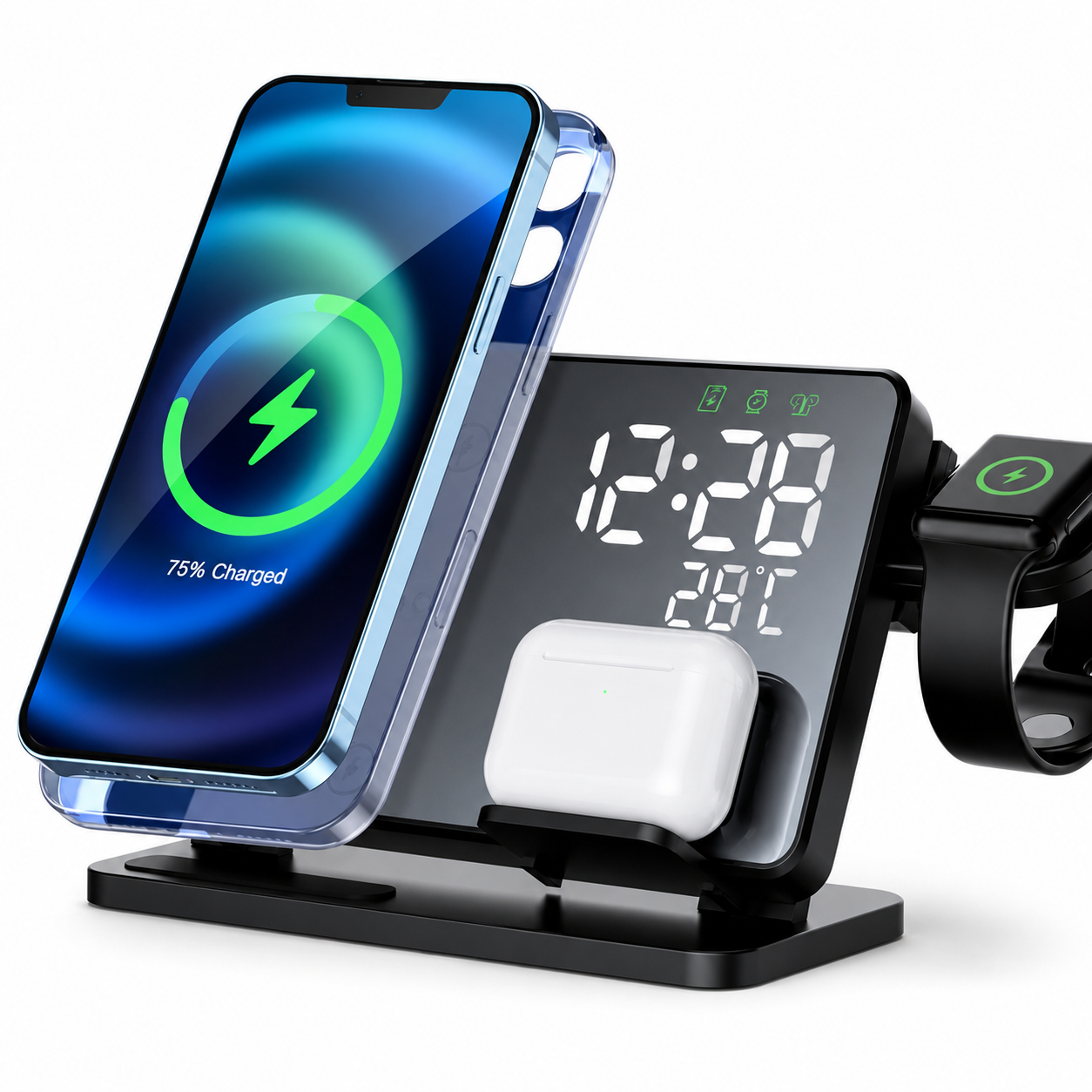 Premium 3-in-1 Wireless Charger Fast Charging Station Multi Device Charging Dock with Clock for Smartphone Watch Earbuds USB-C Desktop Stand Organizer
