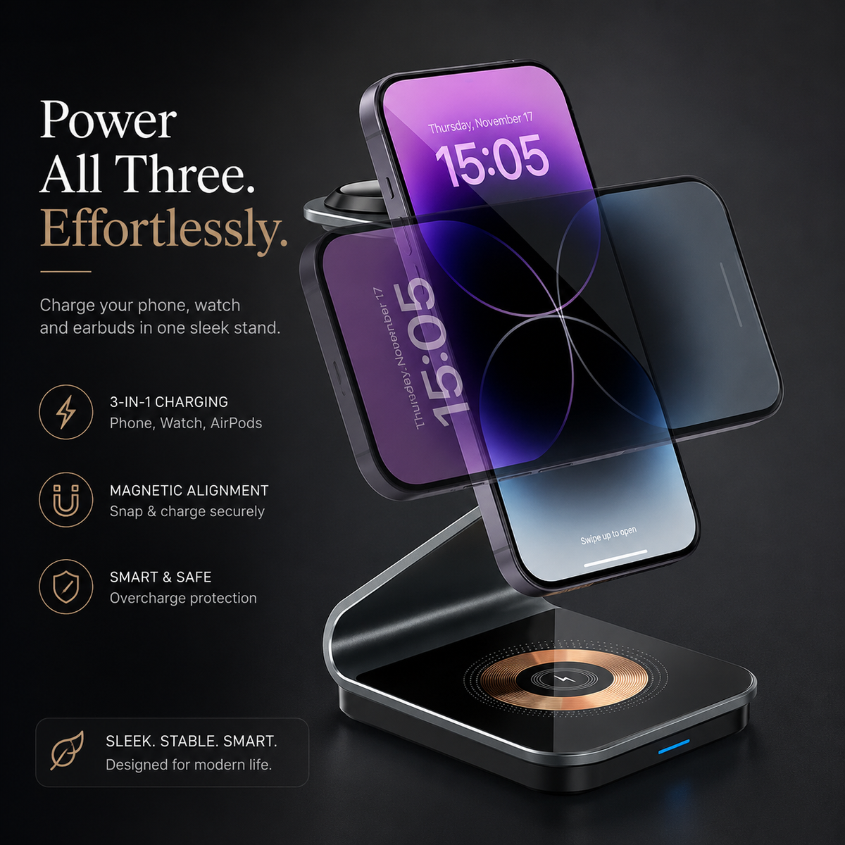 Premium 3-in-1 Wireless Charger Foldable Aluminum Charging Station MagSafe Compatible 15W Fast Magnetic Charging Dock Portable Desktop Stand Hub