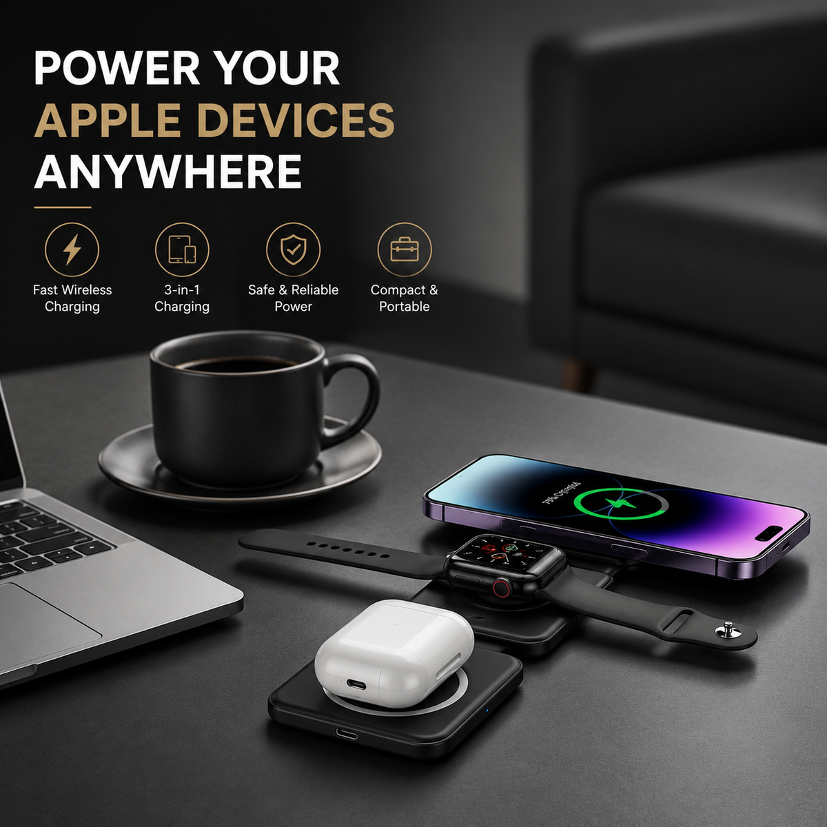 Premium 3-in-1 Wireless Charger Foldable Aluminum Charging Station MagSafe Compatible 15W Fast Magnetic Charging Dock Portable Desktop Stand Hub