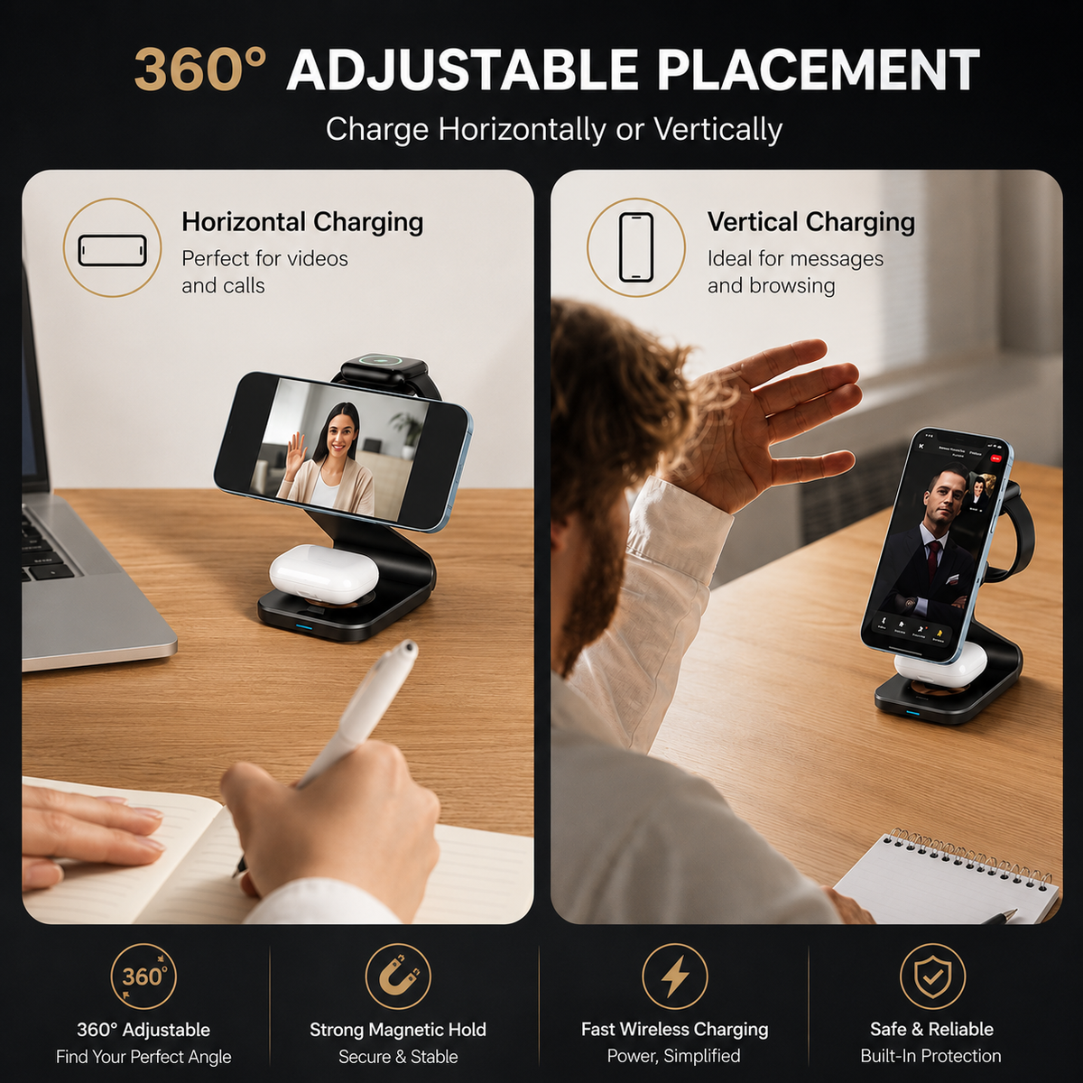 Premium 3-in-1 Wireless Charger Foldable Aluminum Charging Station MagSafe Compatible 15W Fast Magnetic Charging Dock Portable Desktop Stand Hub