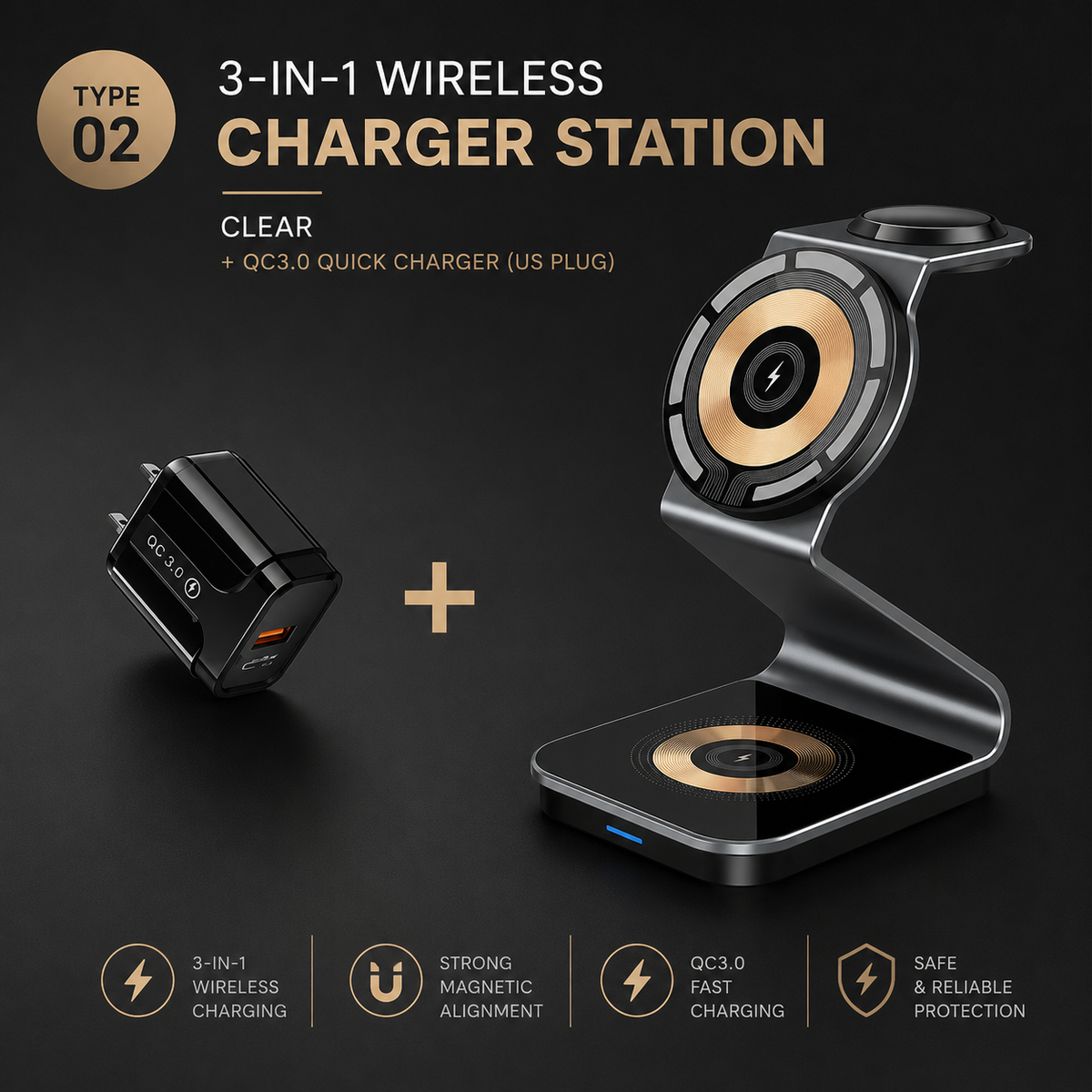 Premium 3-in-1 Wireless Charger Foldable Aluminum Charging Station MagSafe Compatible 15W Fast Magnetic Charging Dock Portable Desktop Stand Hub
