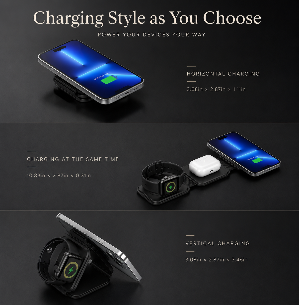 Premium 3-in-1 Wireless Charger Foldable MagSafe Compatible 15W Fast Charging Station Magnetic Portable Dock for Smartphone Watch Earbuds USB-C Holder