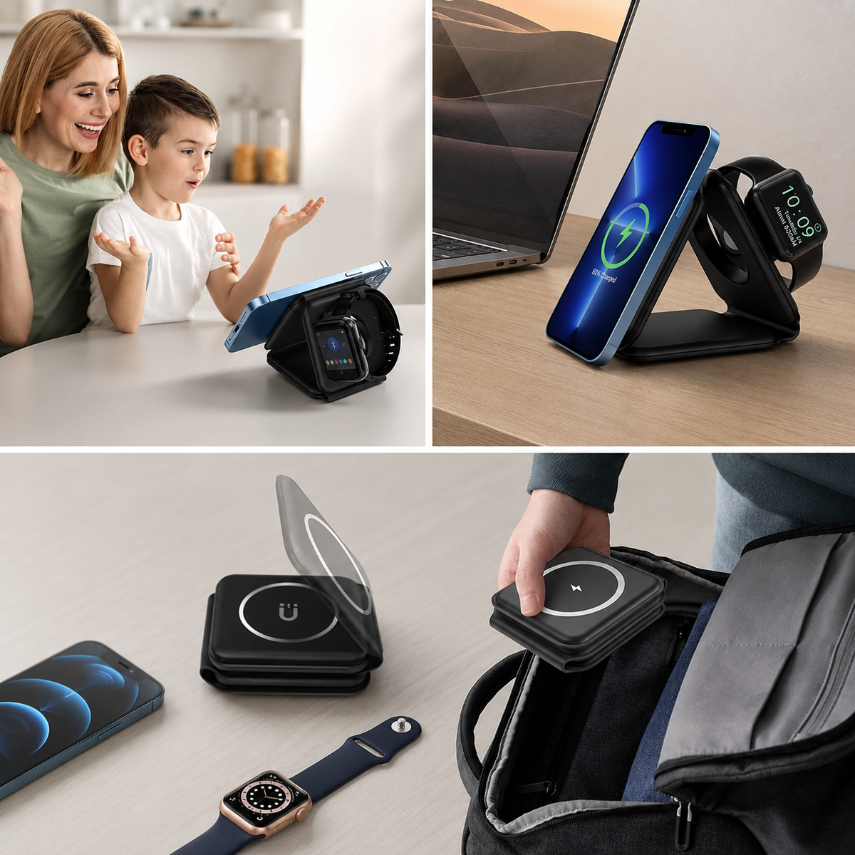 Premium 3-in-1 Wireless Charger Foldable MagSafe Compatible 15W Fast Charging Station Magnetic Portable Dock for Smartphone Watch Earbuds USB-C Holder
