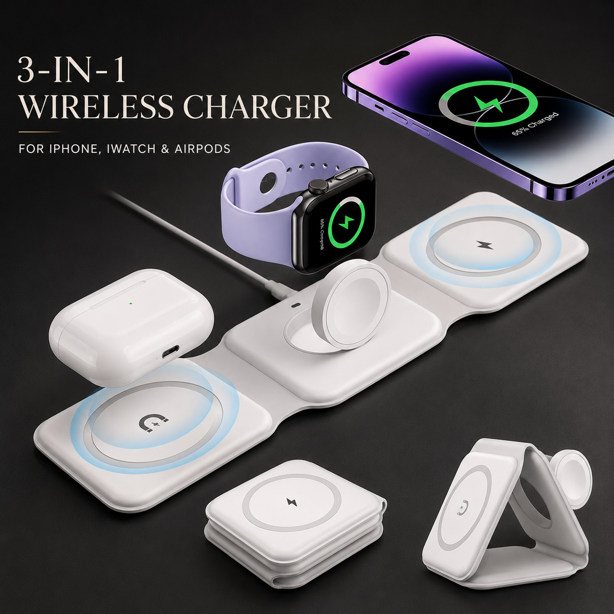 Premium 3-in-1 Wireless Charger Foldable MagSafe Compatible 15W Fast Charging Station Magnetic Portable Dock for Smartphone Watch Earbuds USB-C Holder
