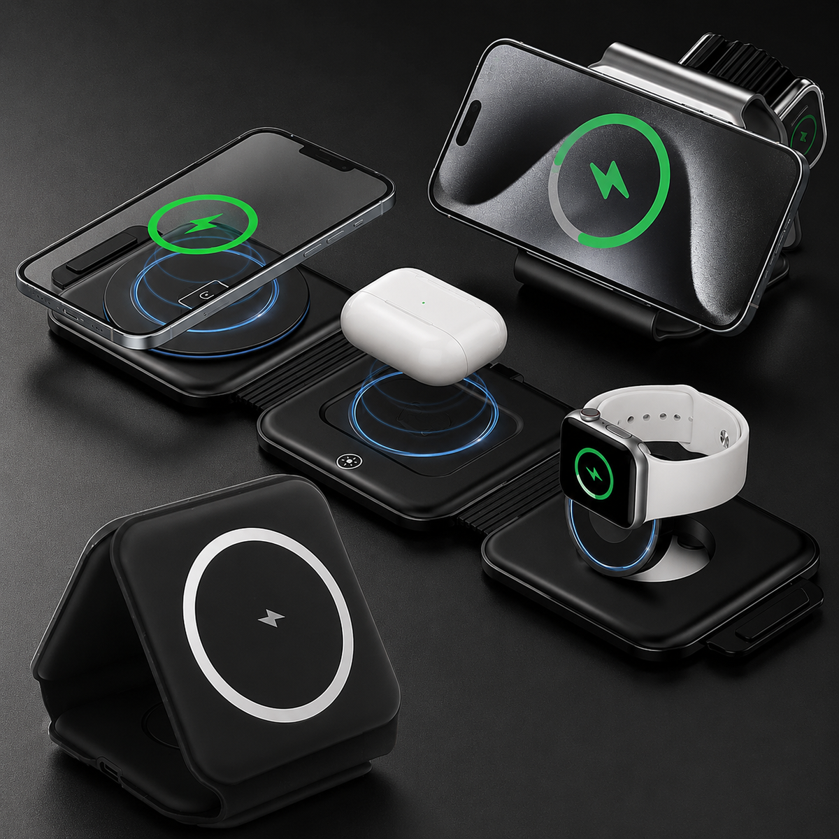 Premium 3-in-1 Wireless Charger Foldable MagSafe Compatible 15W Fast Charging Station Magnetic Portable Dock for Smartphone Watch Earbuds USB-C Holder