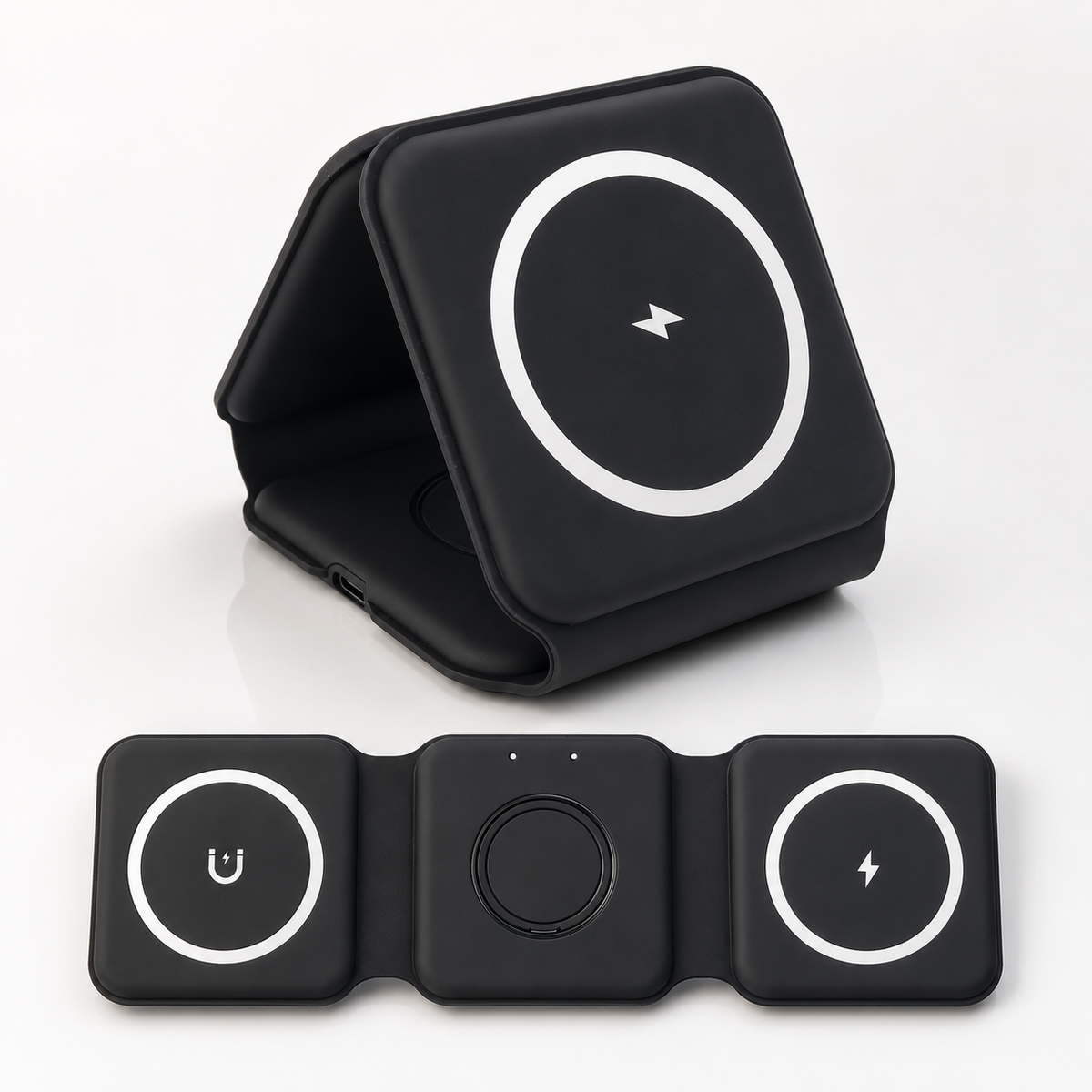 Premium 3-in-1 Wireless Charger Foldable MagSafe Compatible 15W Fast Charging Station Magnetic Portable Dock for Smartphone Watch Earbuds USB-C Holder