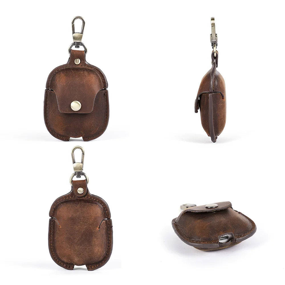 Premium AirPods Case Genuine Leather Protective Cover Shockproof Slim Design Keychain Clip Wireless Charging Compatible