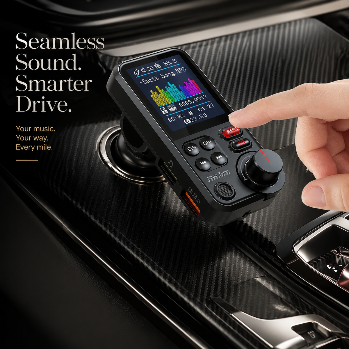 Premium Car Bluetooth FM Transmitter QC 3.0 Fast Charging USB Audio Adapter Hands Free Calling Wireless Music Player Compact Vehicle Accessory Hub