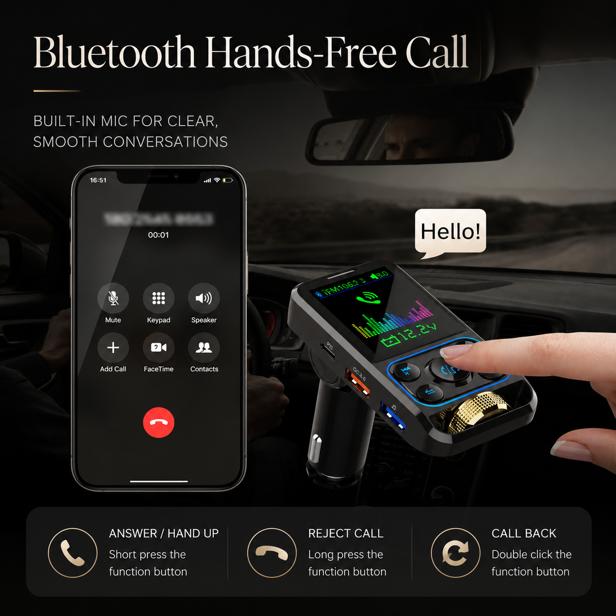 Premium Car Bluetooth FM Transmitter QC 3.0 Fast Charging USB Audio Adapter Hands Free Calling Wireless Music Player Compact Vehicle Accessory Hub