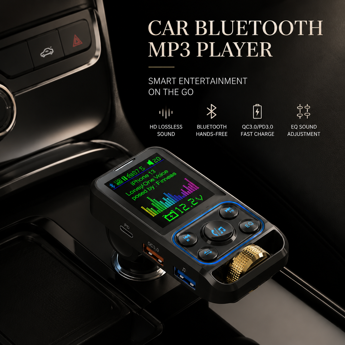 Premium Car Bluetooth FM Transmitter QC 3.0 Fast Charging USB Audio Adapter Hands Free Calling Wireless Music Player Compact Vehicle Accessory Hub