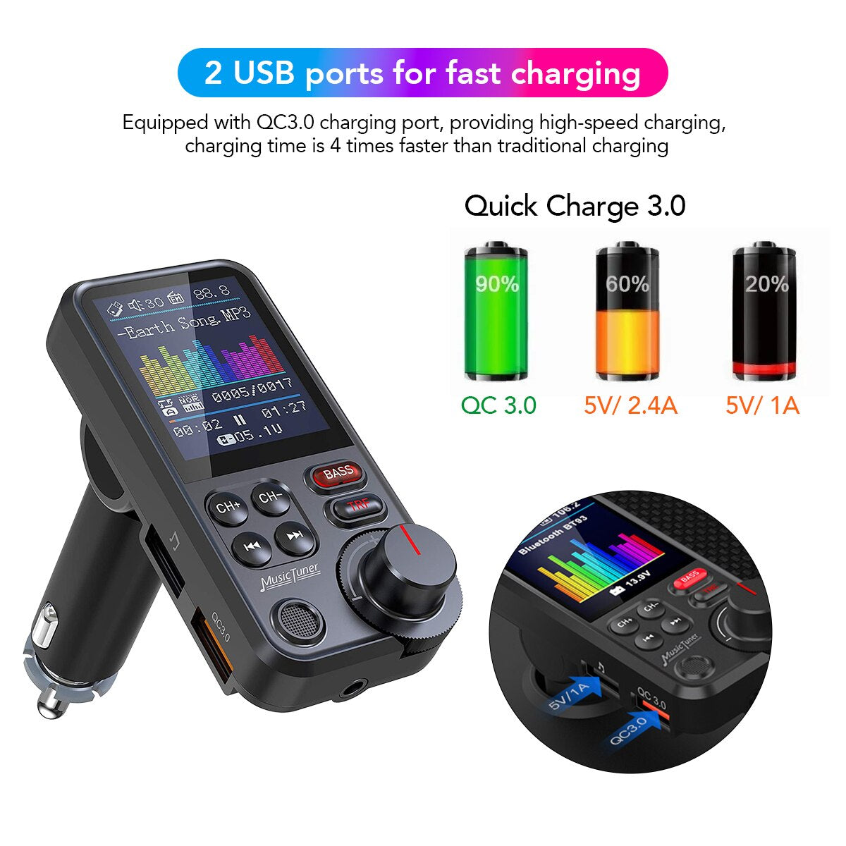 Premium Car Bluetooth FM Transmitter QC 3.0 Fast Charging USB Audio Adapter Hands-Free Music Player
