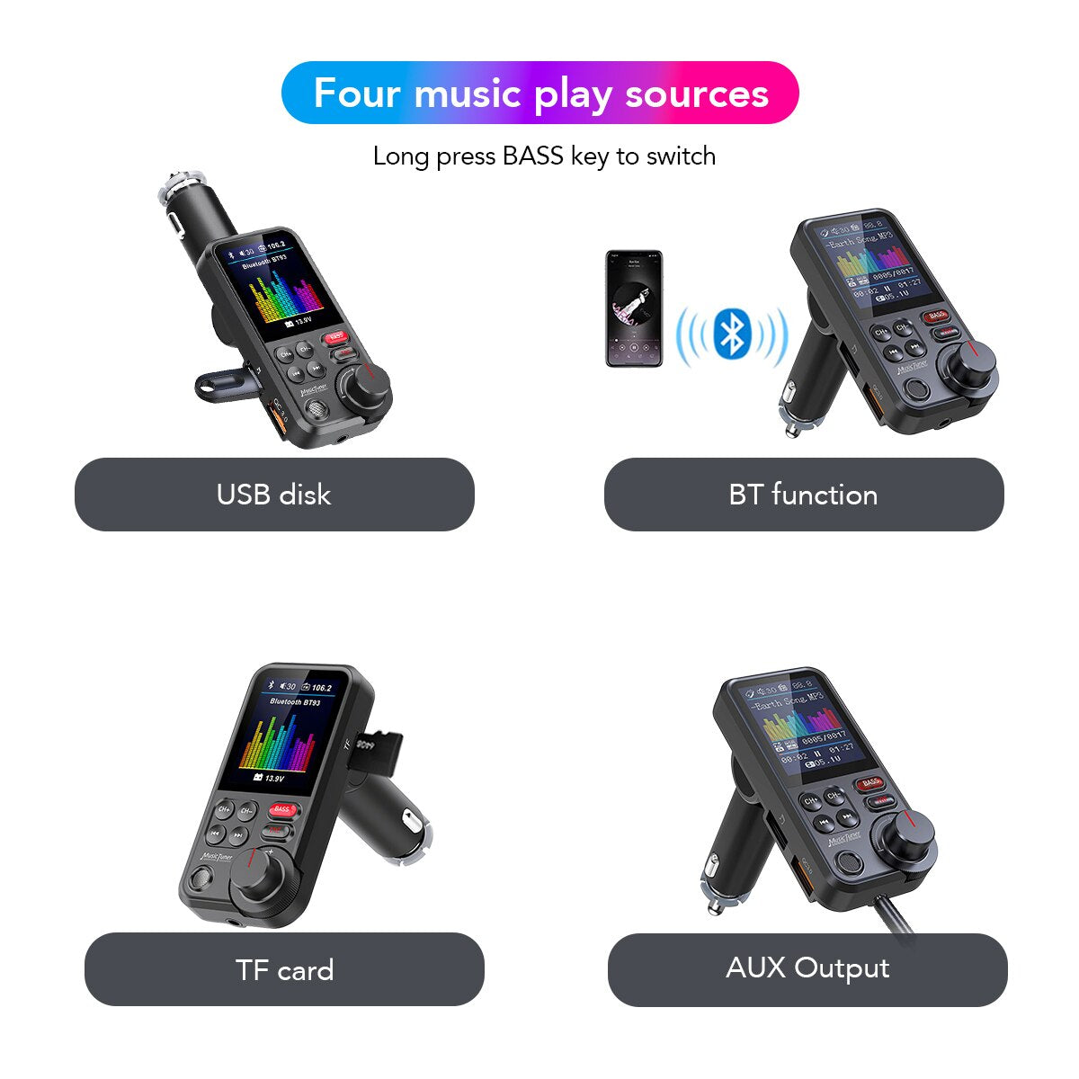 Premium Car Bluetooth FM Transmitter QC 3.0 Fast Charging USB Audio Adapter Hands-Free Music Player