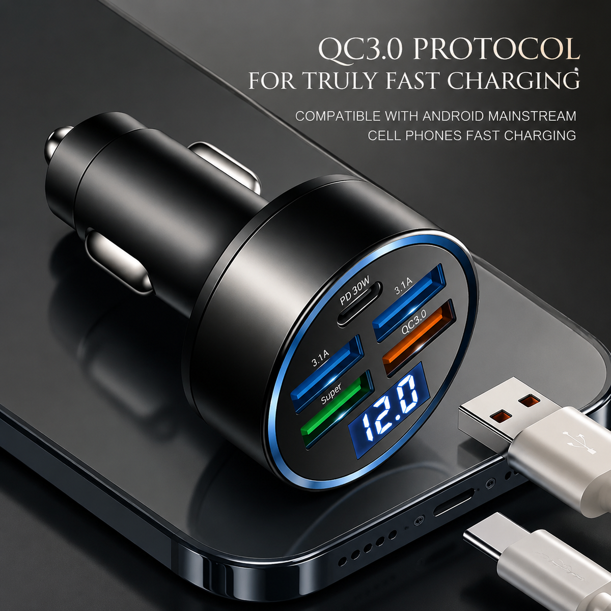 Premium Car Charger USB-C Fast Charging Adapter Multi Port 12V Socket High Speed Charging Hub Multi Device Power Adapter Compact Vehicle Travel Use