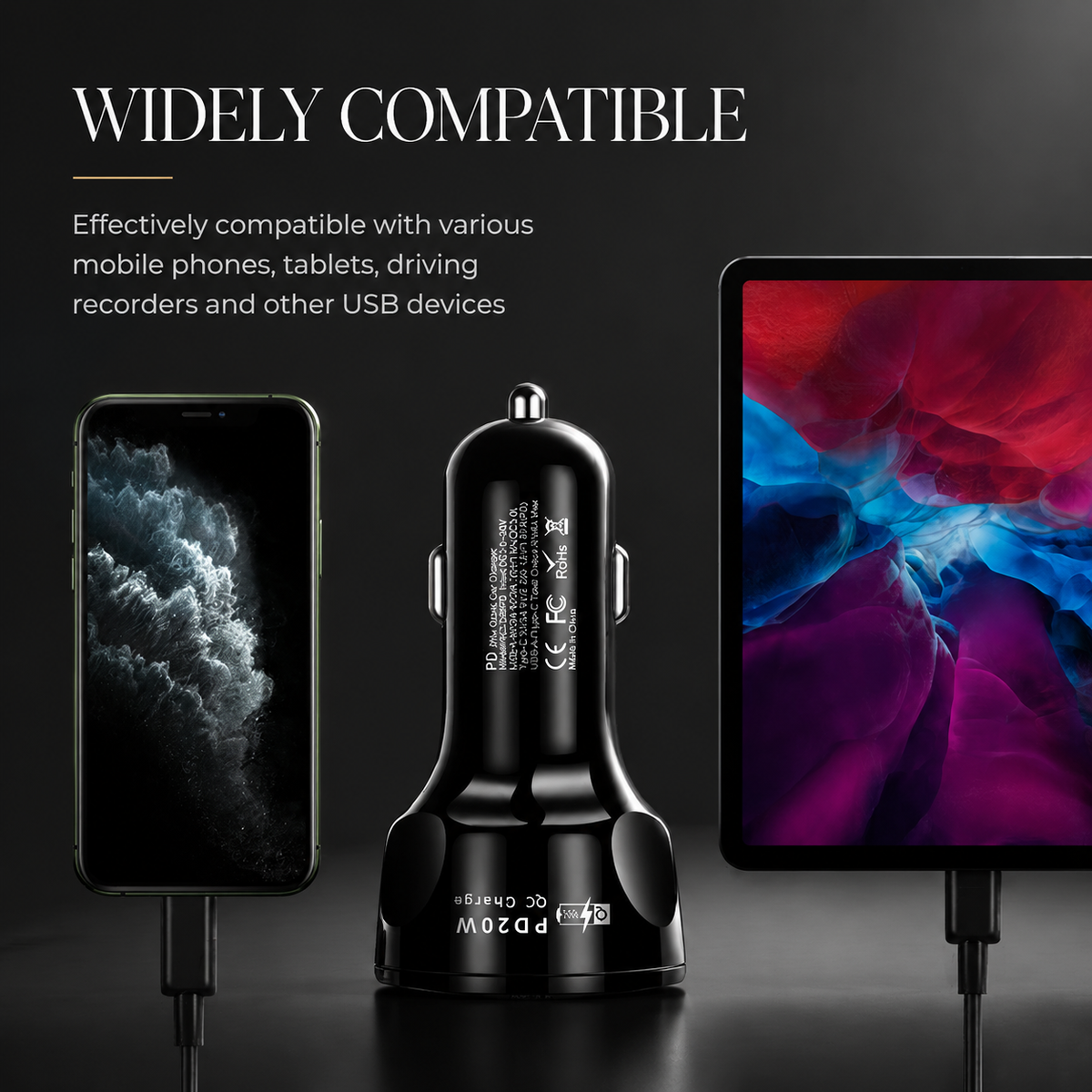 Premium Car Charger USB-C Fast Charging Adapter Multi Port 12V Socket High Speed Charging Hub Multi Device Power Adapter Compact Vehicle Travel Use