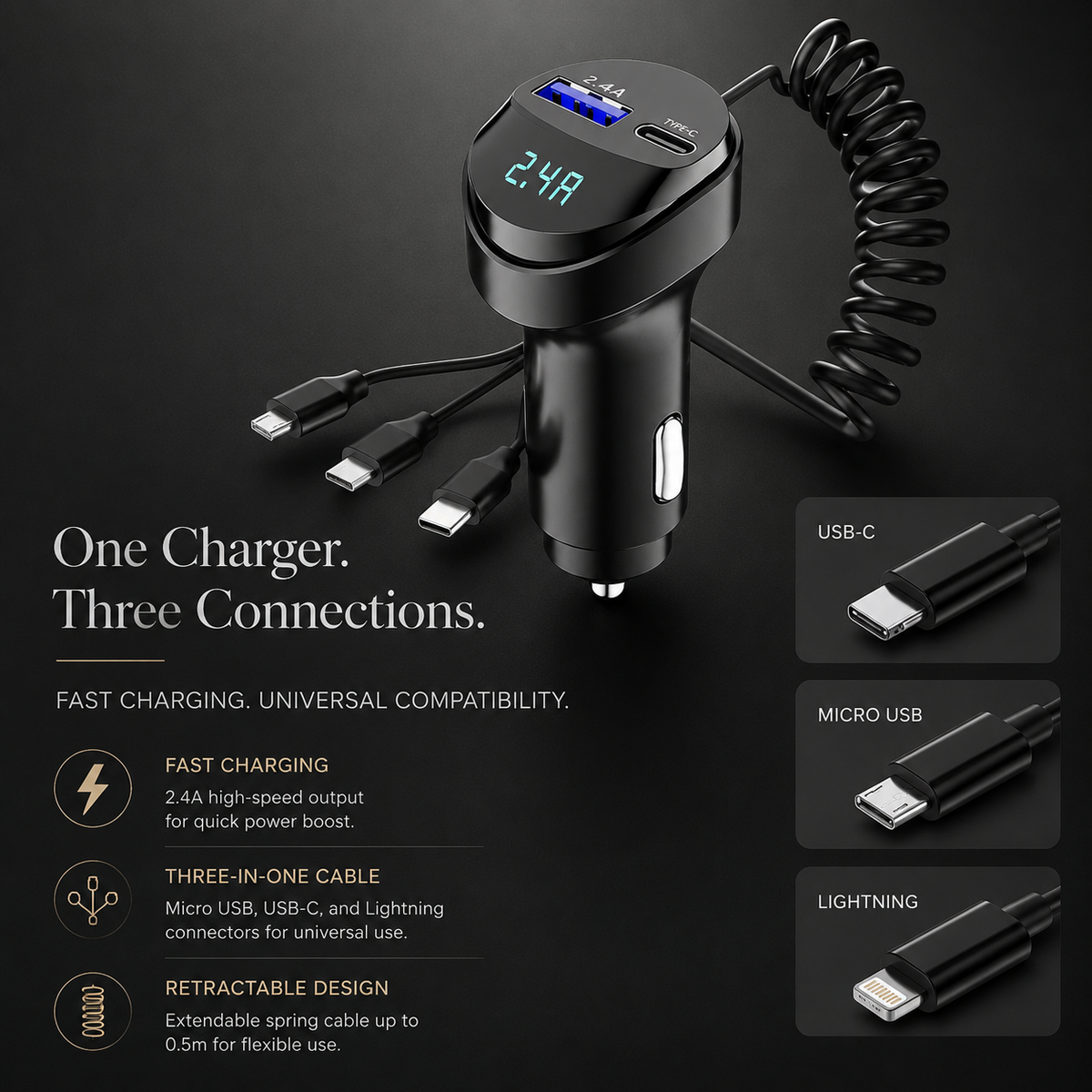 Premium Car Charger USB-C Fast Charging Adapter Multi Port 12V Socket High Speed Charging Hub Multi Device Power Adapter Compact Vehicle Travel Use