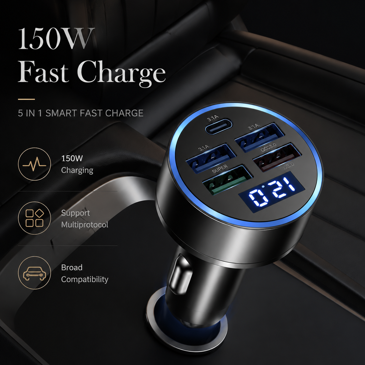 Premium Car Charger USB-C Fast Charging Adapter Multi Port 12V Socket High Speed Charging Hub Multi Device Power Adapter Compact Vehicle Travel Use