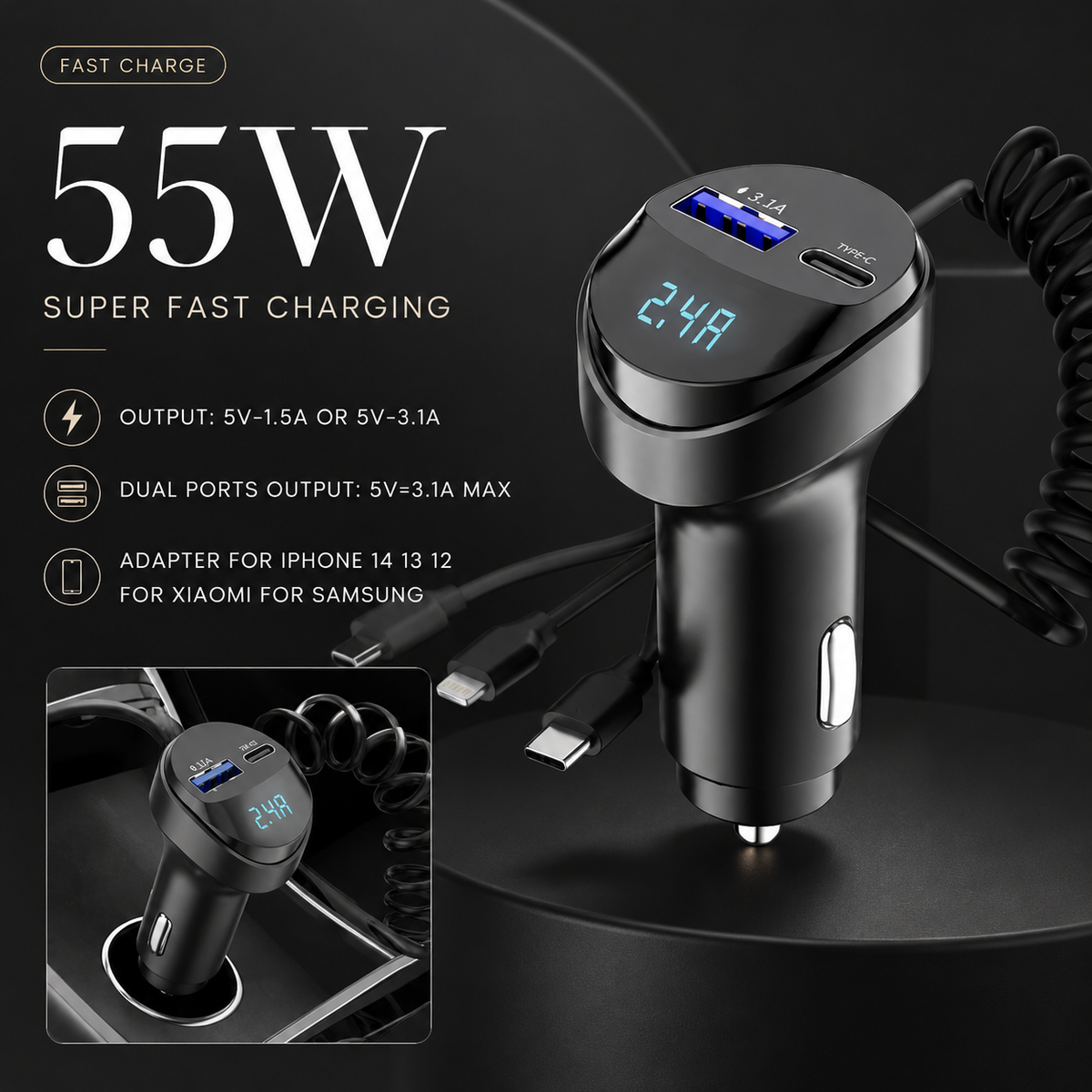 Premium Car Charger USB-C Fast Charging Adapter Multi Port 12V Socket High Speed Charging Hub Multi Device Power Adapter Compact Vehicle Travel Use