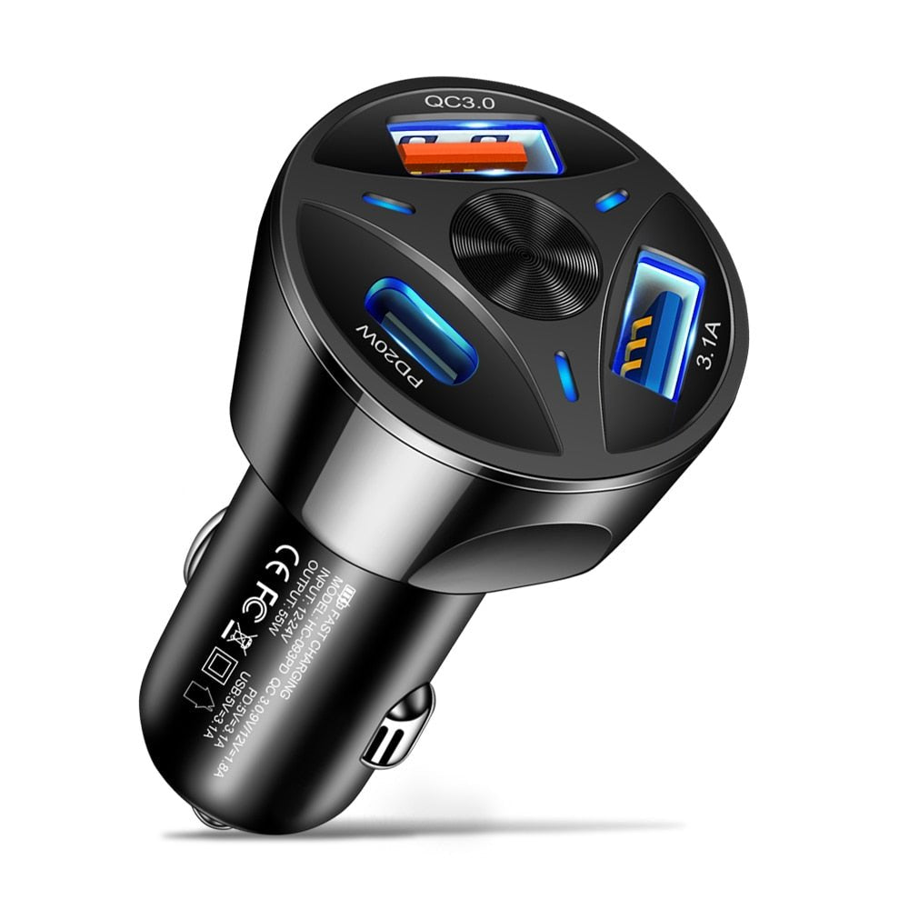 Premium Car Charger USB-C Multi Port Fast Charging Adapter 12V Socket High Speed Charging Hub