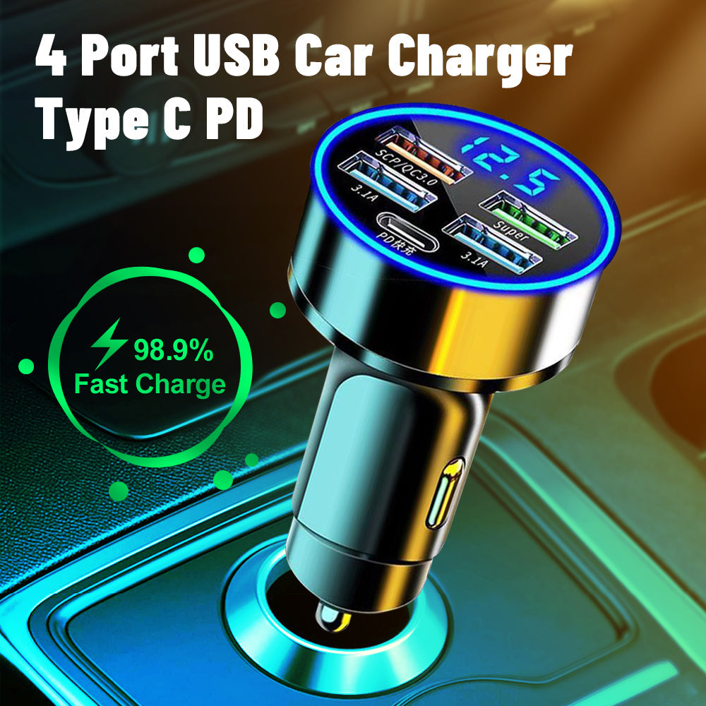 Premium Car Charger USB-C Multi Port Fast Charging Adapter 12V Socket High Speed Charging Hub