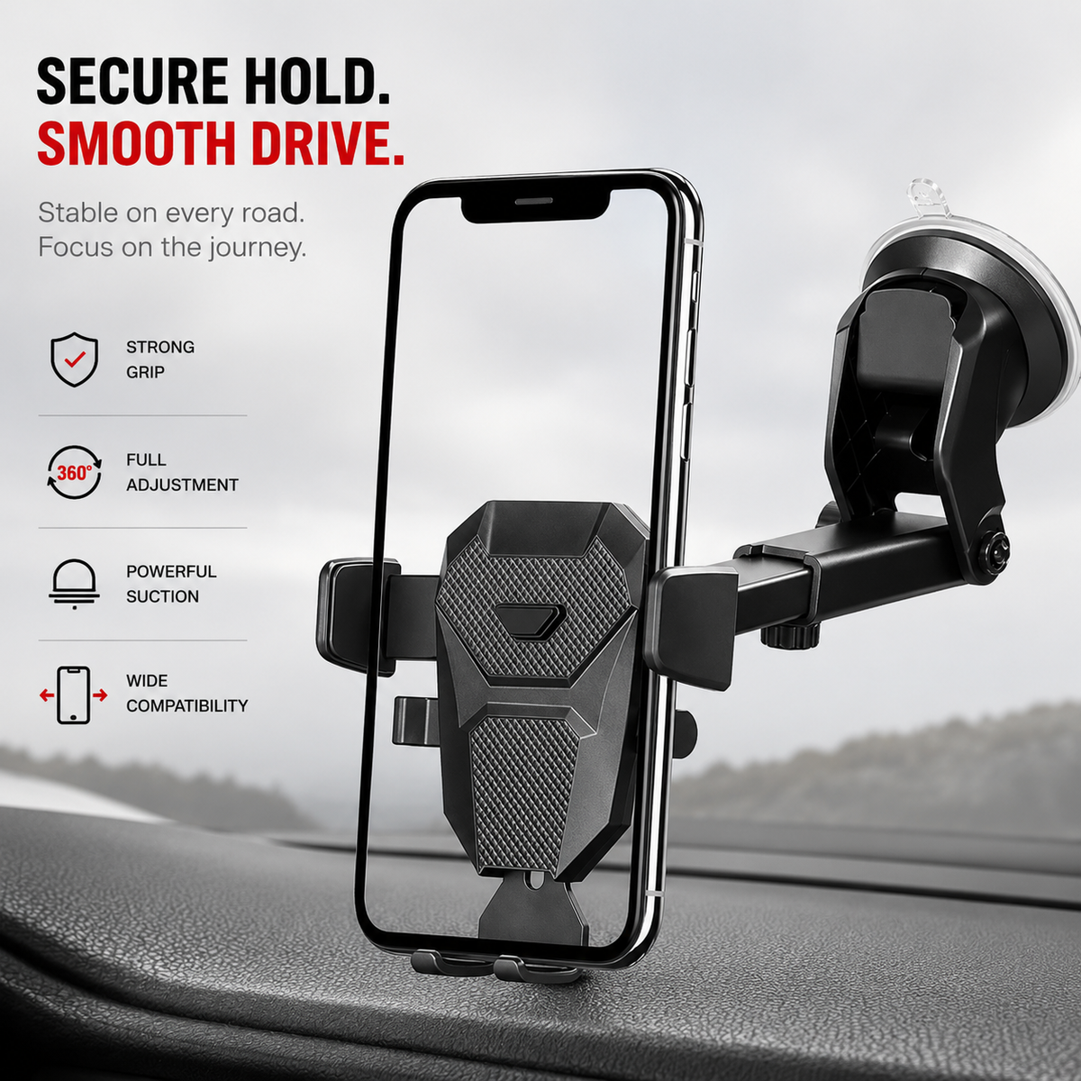 Premium Car Phone Mount Dashboard Windshield Suction Cup Holder 360 Rotation Secure Grip Adjustable Smartphone Stand Hands-Free Driving Mount Vehicle