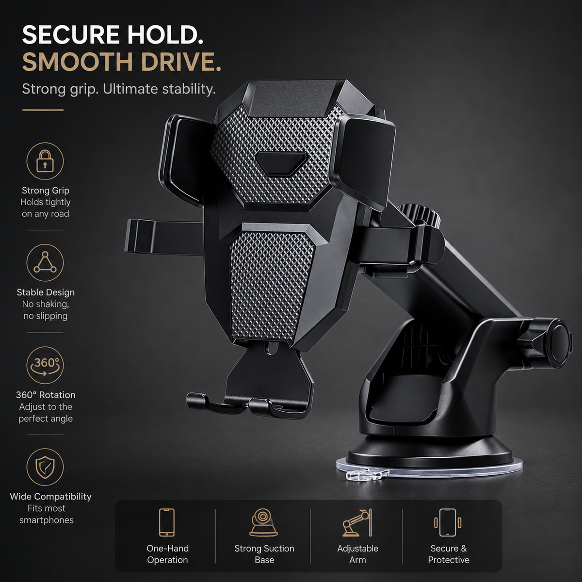 Premium Car Phone Mount Dashboard Windshield Suction Cup Holder 360 Rotation Secure Grip Adjustable Smartphone Stand Hands-Free Driving Mount Vehicle