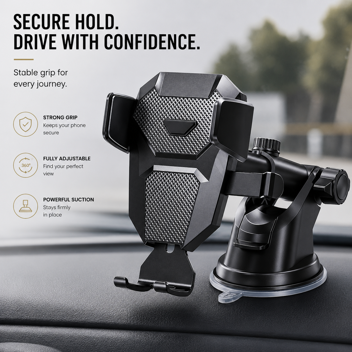Premium Car Phone Mount Dashboard Windshield Suction Cup Holder 360 Rotation Secure Grip Adjustable Smartphone Stand Hands-Free Driving Mount Vehicle