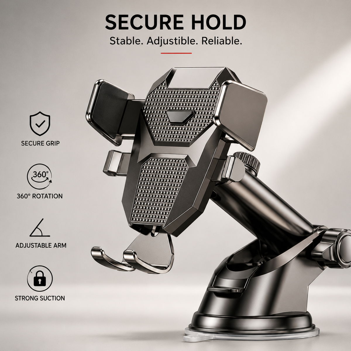 Premium Car Phone Mount Dashboard Windshield Suction Cup Holder 360 Rotation Secure Grip Adjustable Smartphone Stand Hands-Free Driving Mount Vehicle