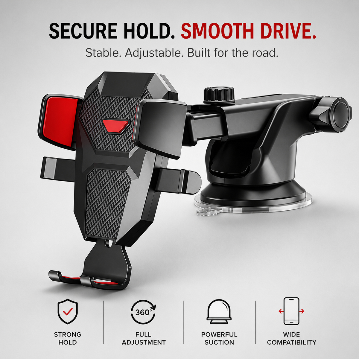 Premium Car Phone Mount Dashboard Windshield Suction Cup Holder 360 Rotation Secure Grip Adjustable Smartphone Stand Hands-Free Driving Mount Vehicle