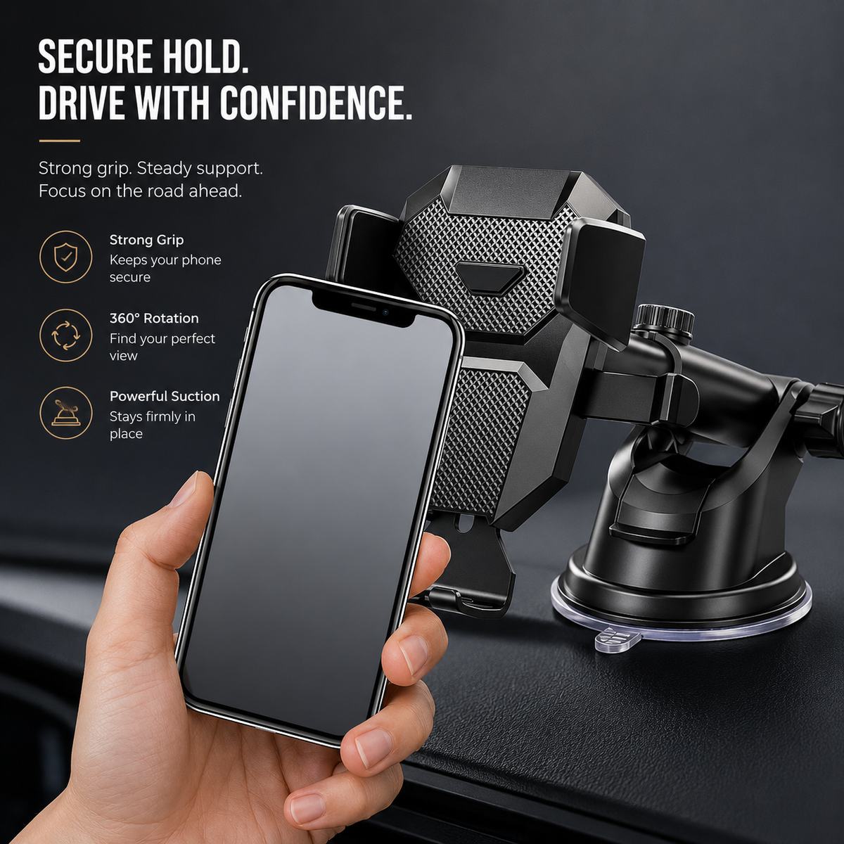 Premium Car Phone Mount Dashboard Windshield Suction Cup Holder 360 Rotation Secure Grip Adjustable Smartphone Stand Hands-Free Driving Mount Vehicle