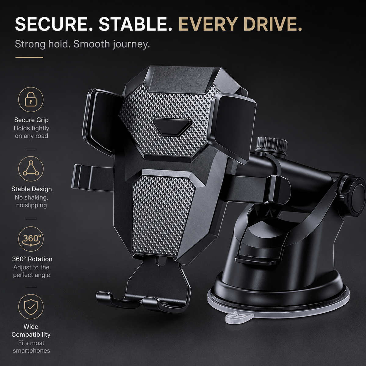 Premium Car Phone Mount Dashboard Windshield Suction Cup Holder 360 Rotation Secure Grip Adjustable Smartphone Stand Hands-Free Driving Mount Vehicle