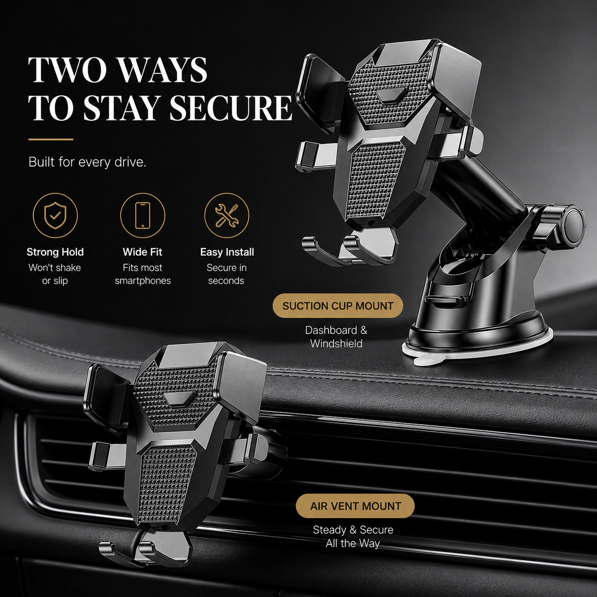 Premium Car Phone Mount Dashboard Windshield Suction Cup Holder 360 Rotation Secure Grip Adjustable Smartphone Stand Hands-Free Driving Mount Vehicle