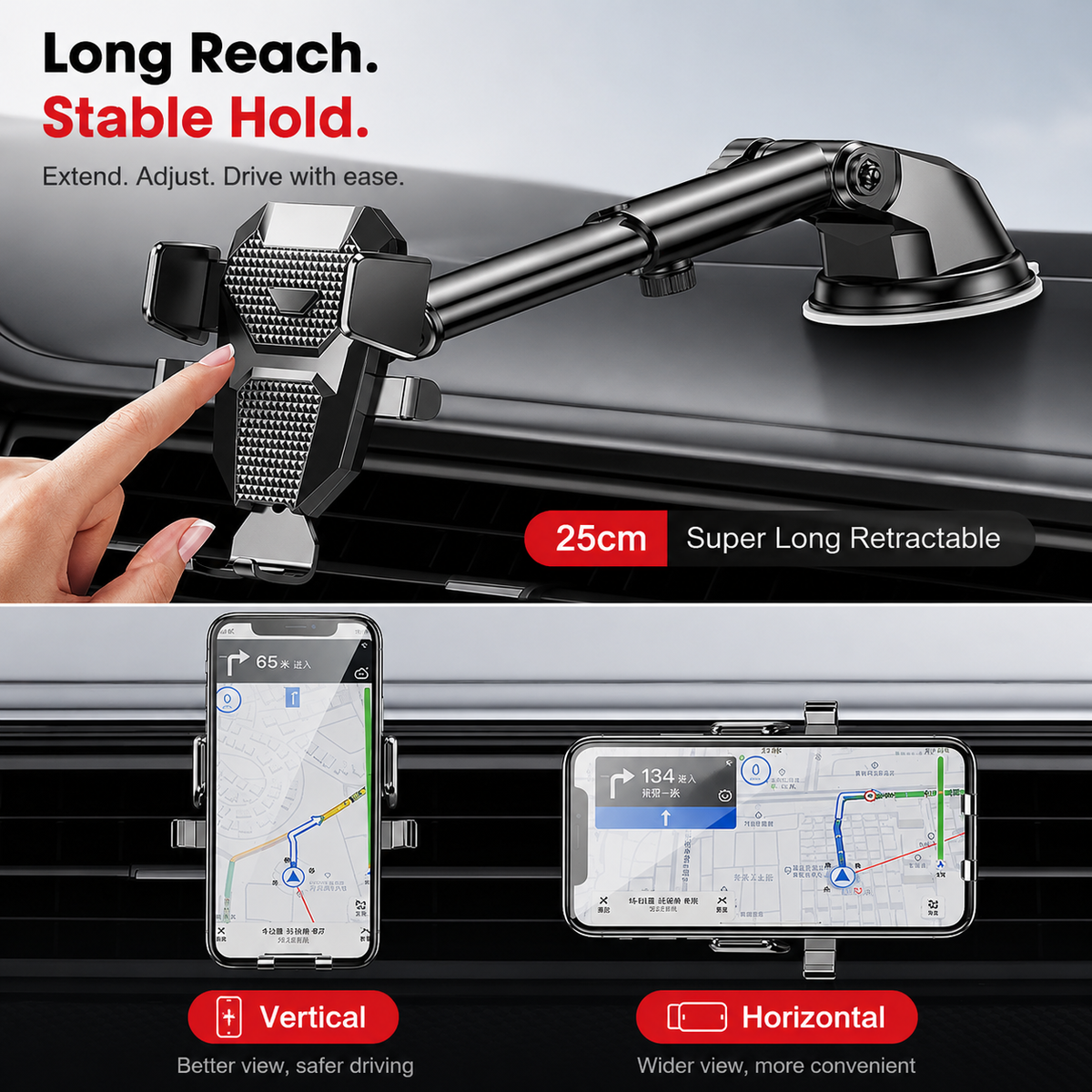 Premium Car Phone Mount Dashboard Windshield Suction Cup Holder 360 Rotation Secure Grip Adjustable Smartphone Stand Hands-Free Driving Mount Vehicle