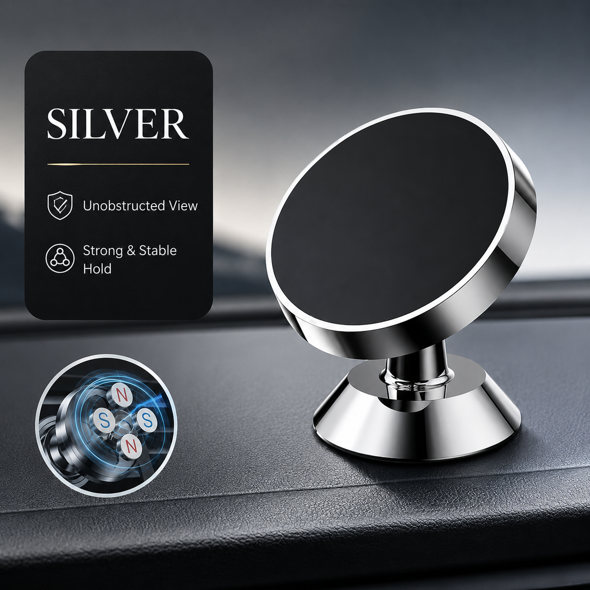 Premium Car Phone Mount Magnetic Dashboard Holder 360° Adjustable Rotation Secure Grip GPS Smartphone Stand Hands Free Universal Mount Design