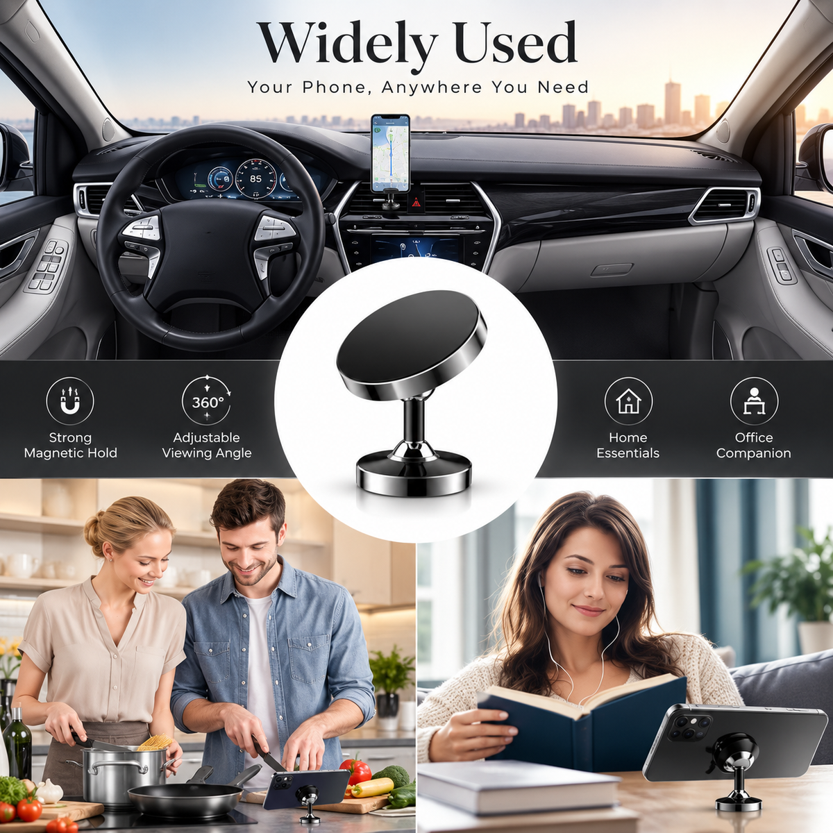 Premium Car Phone Mount Magnetic Dashboard Holder 360° Adjustable Rotation Secure Grip GPS Smartphone Stand Hands Free Universal Mount Design