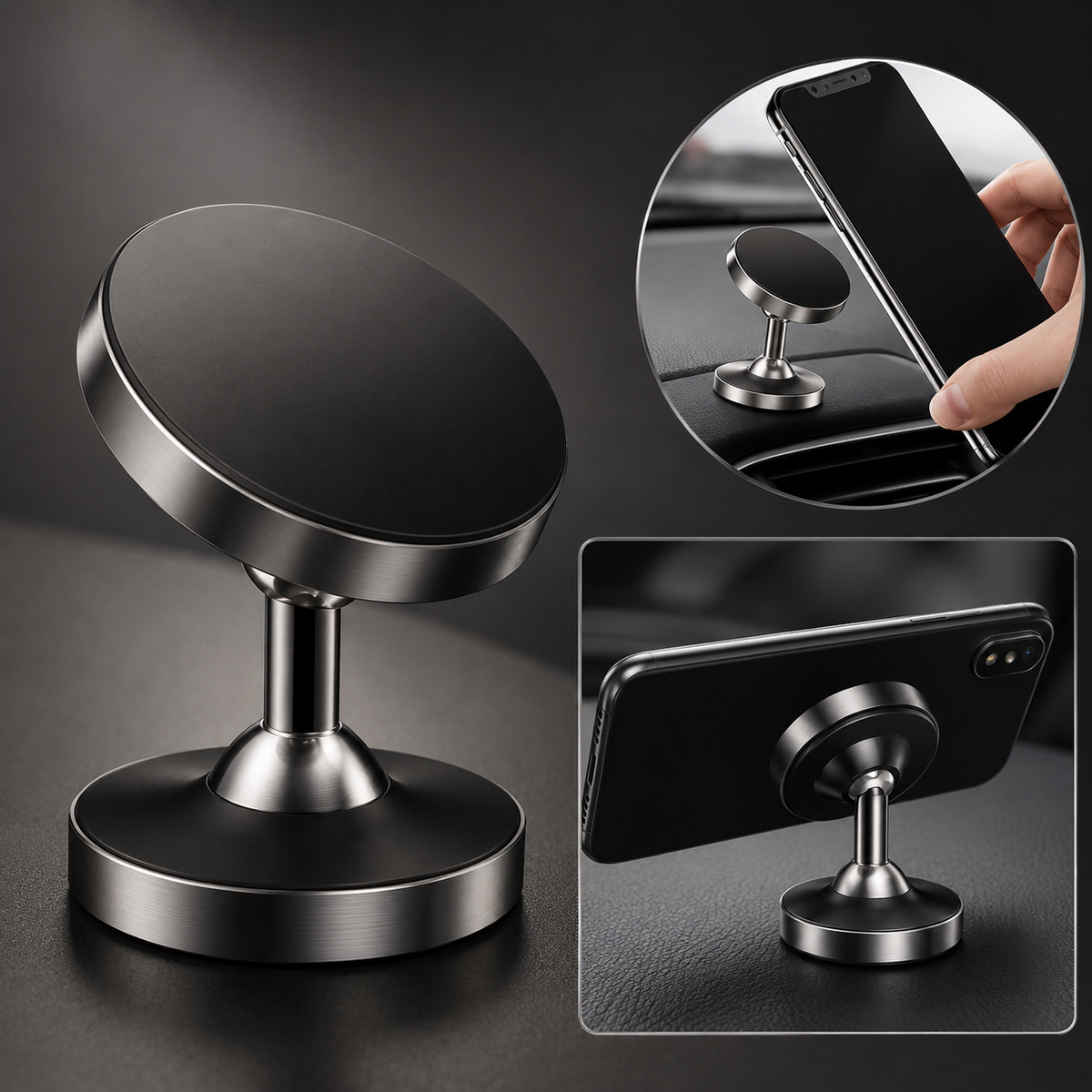Premium Car Phone Mount Magnetic Dashboard Holder 360° Adjustable Rotation Secure Grip GPS Smartphone Stand Hands Free Universal Mount Design