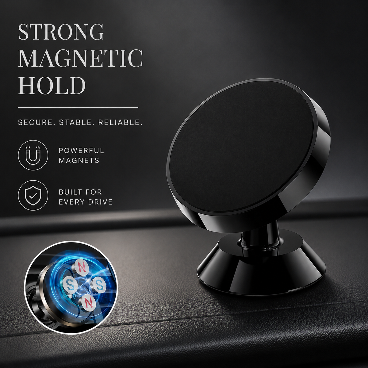 Premium Car Phone Mount Magnetic Dashboard Holder 360° Adjustable Rotation Secure Grip GPS Smartphone Stand Hands Free Universal Mount Design