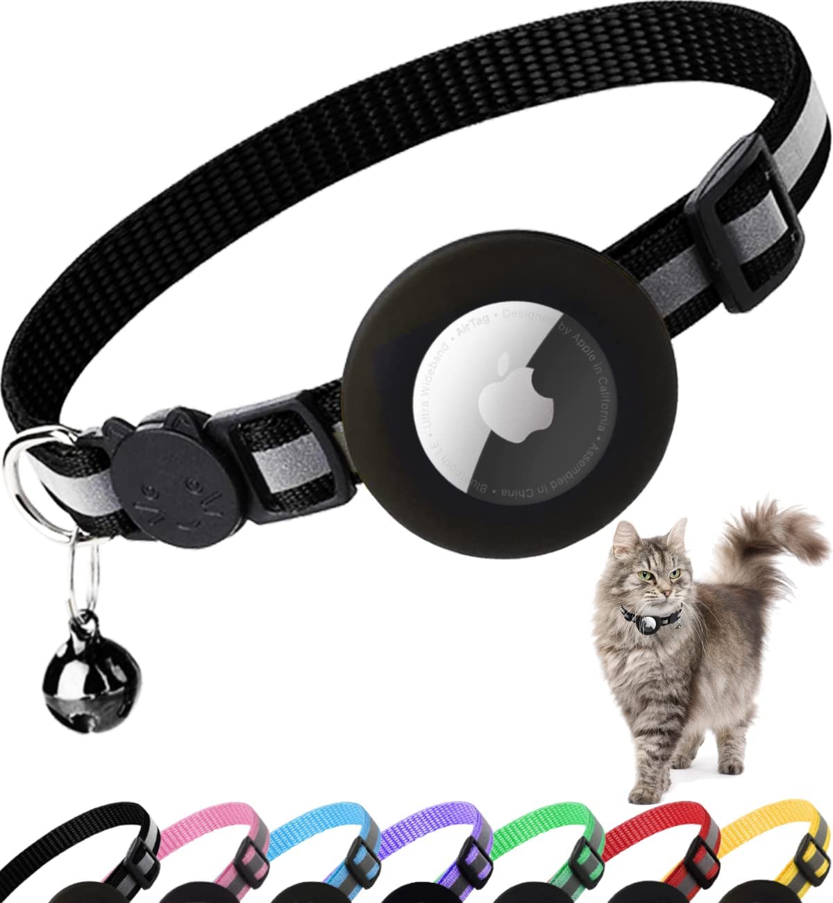 Premium Cat Collar AirTag Holder Reflective Adjustable Pet Collar Detachable Bell Lightweight Secure Fit