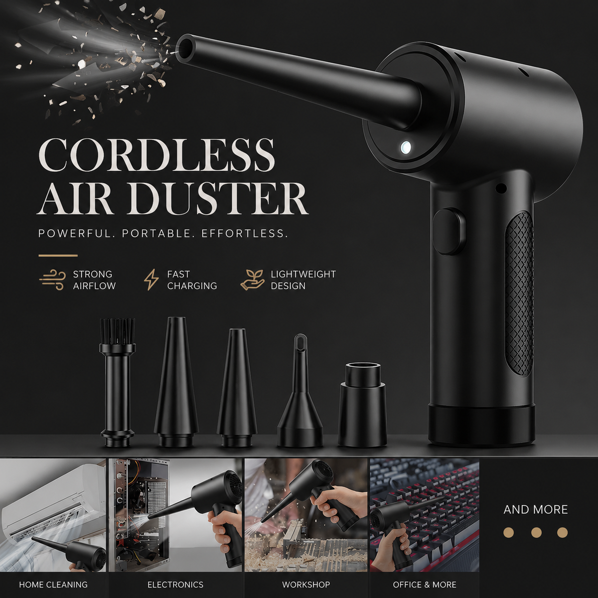 Premium Electric Air Duster Cordless Compressed Air Blower Keyboard Cleaner LED Light Reusable Cleaning Tool High Power Dust Remover Portable Use