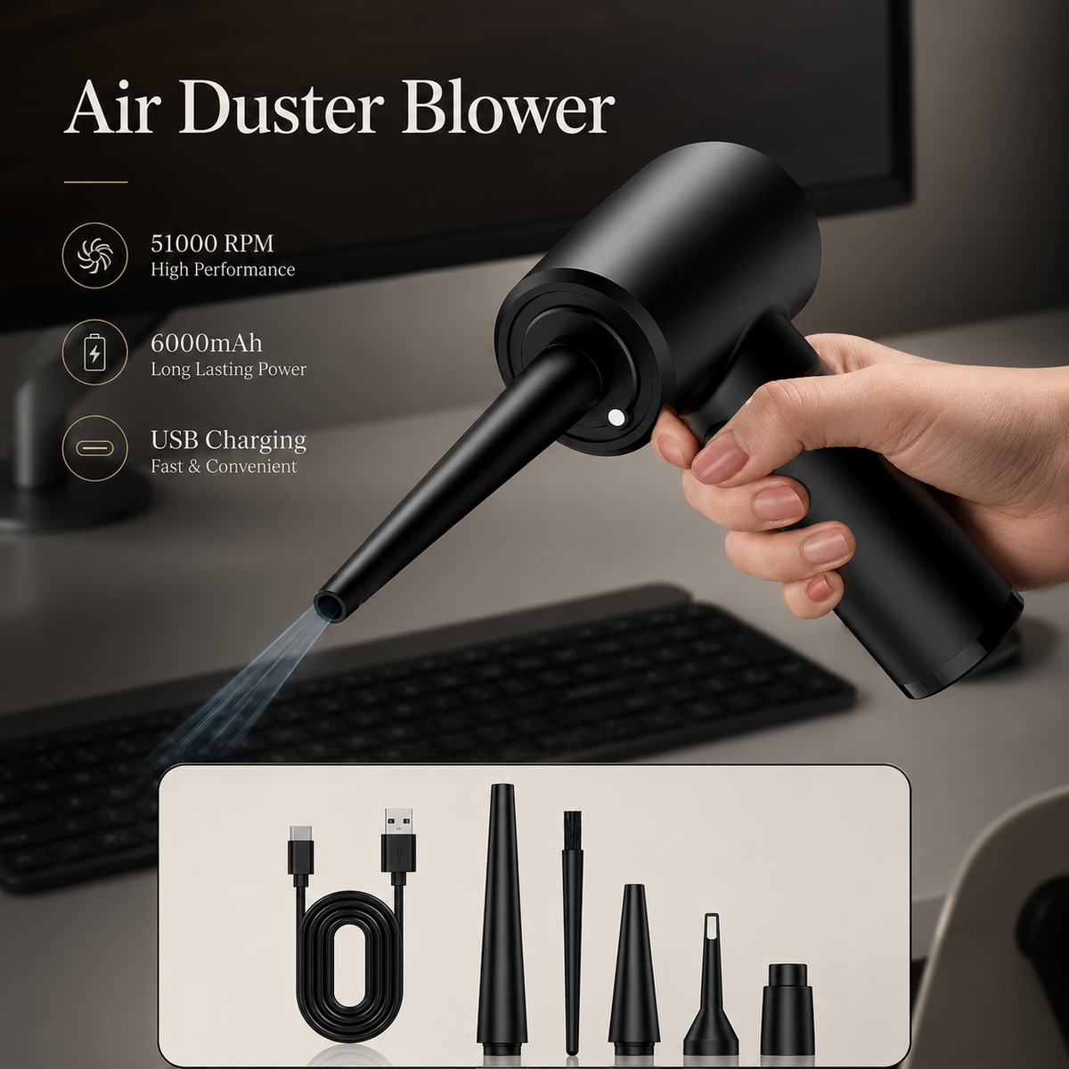 Premium Electric Air Duster Cordless Compressed Air Blower Keyboard Cleaner LED Light Reusable Cleaning Tool High Power Dust Remover Portable Use