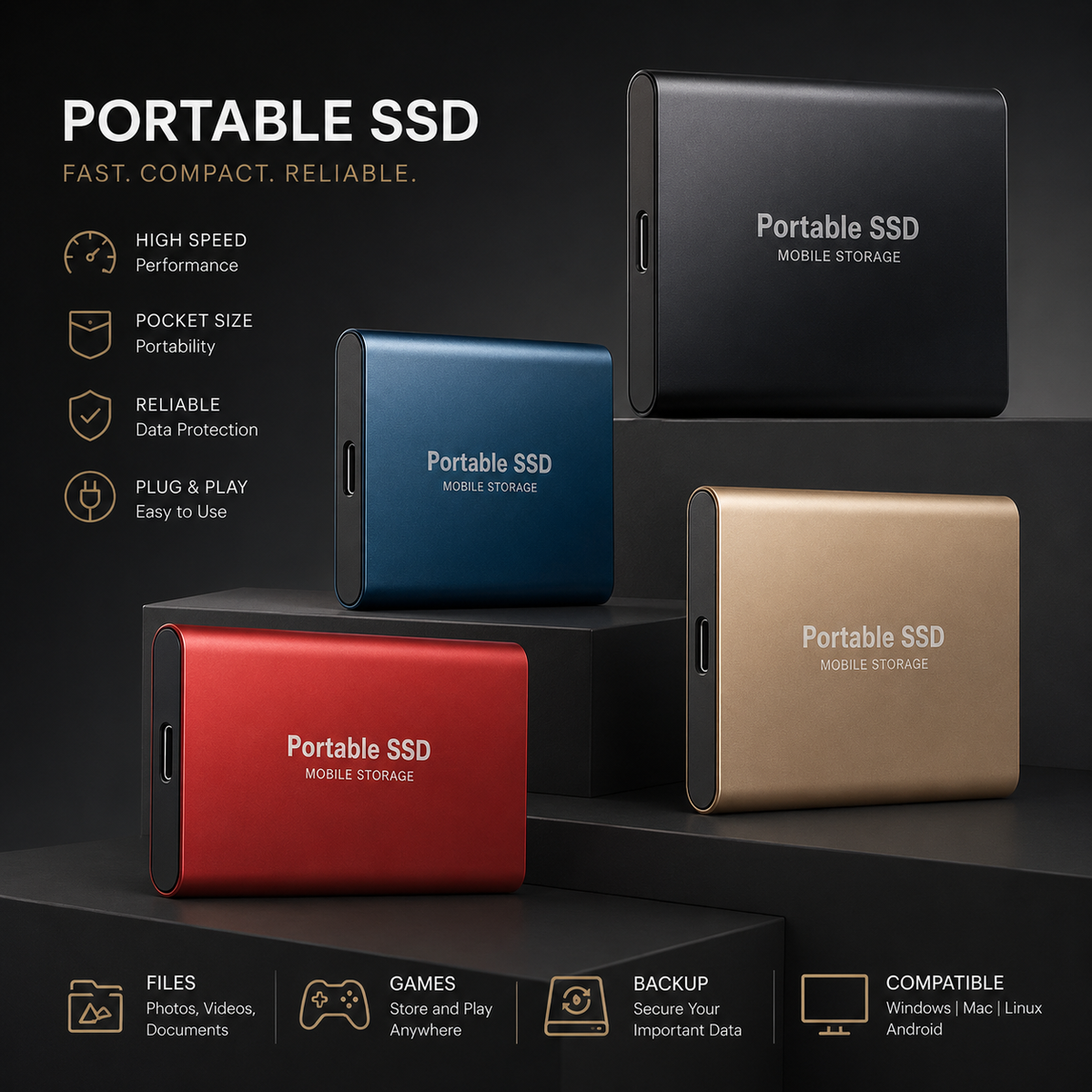 Premium External SSD Portable Storage Drive USB 3.1 High Speed Data Backup Solid State Drive Plug and Play Compact Multi Capacity Storage Fast Storage