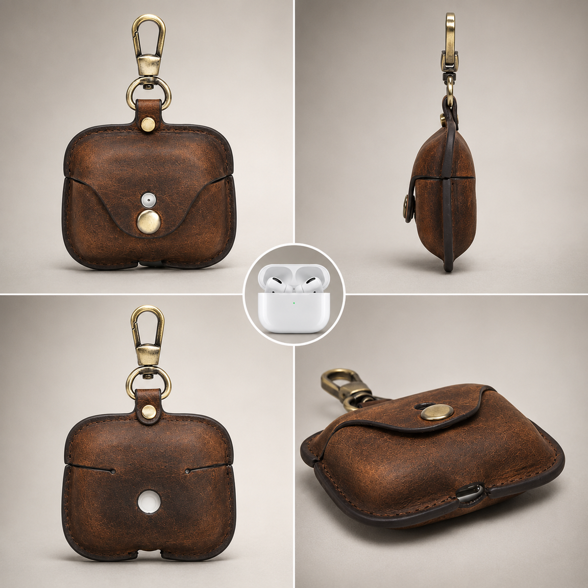 Premium Genuine Leather AirPods Case Shockproof Protective Cover Slim Design Keychain Clip Wireless Charging Compatible Lightweight Compact Portable