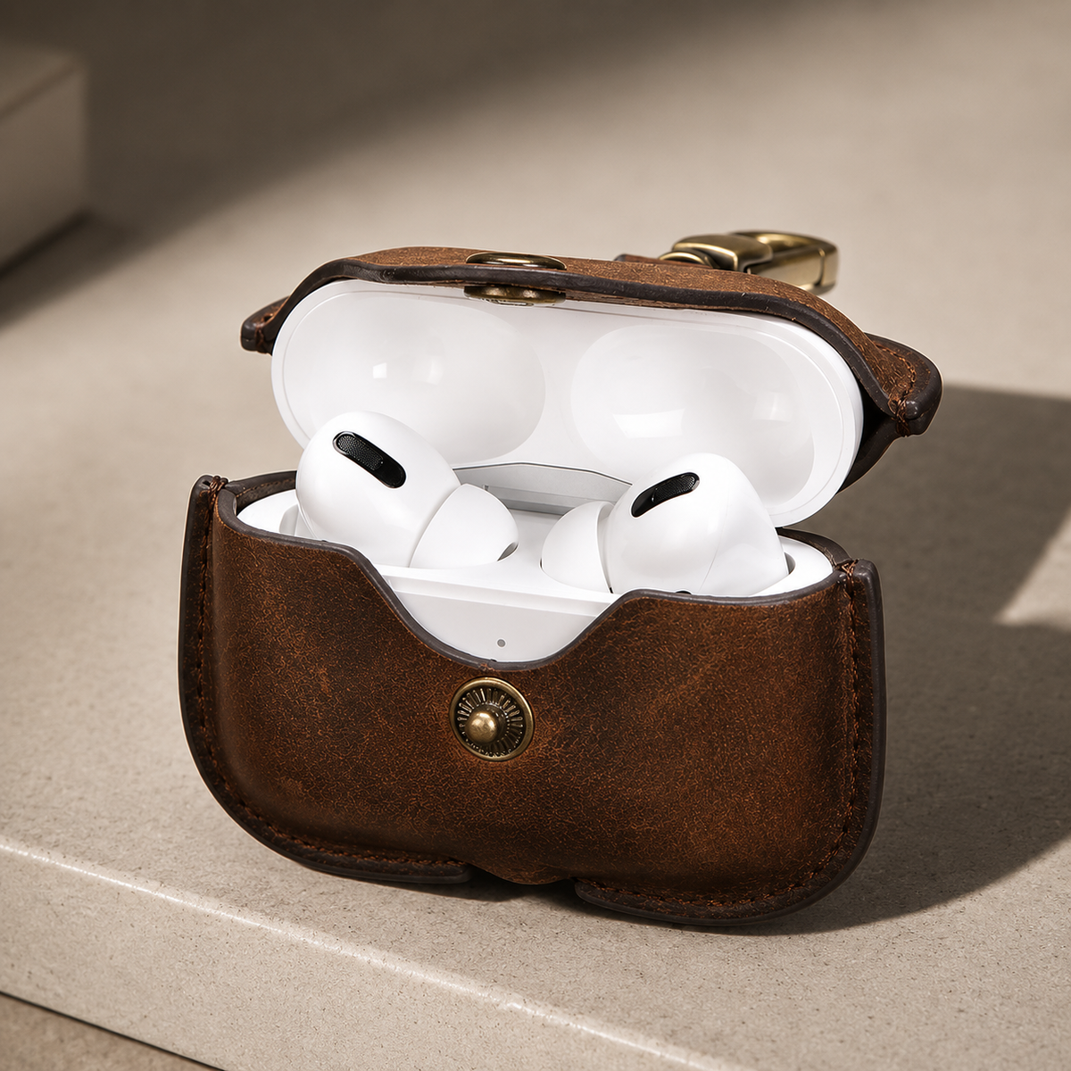 Premium Genuine Leather AirPods Case Shockproof Protective Cover Slim Design Keychain Clip Wireless Charging Compatible Lightweight Compact Portable