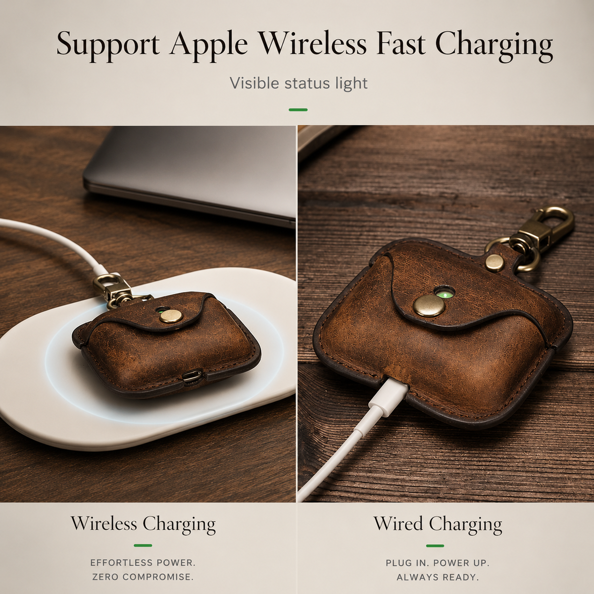 Premium Genuine Leather AirPods Case Shockproof Protective Cover Slim Design Keychain Clip Wireless Charging Compatible Lightweight Compact Portable