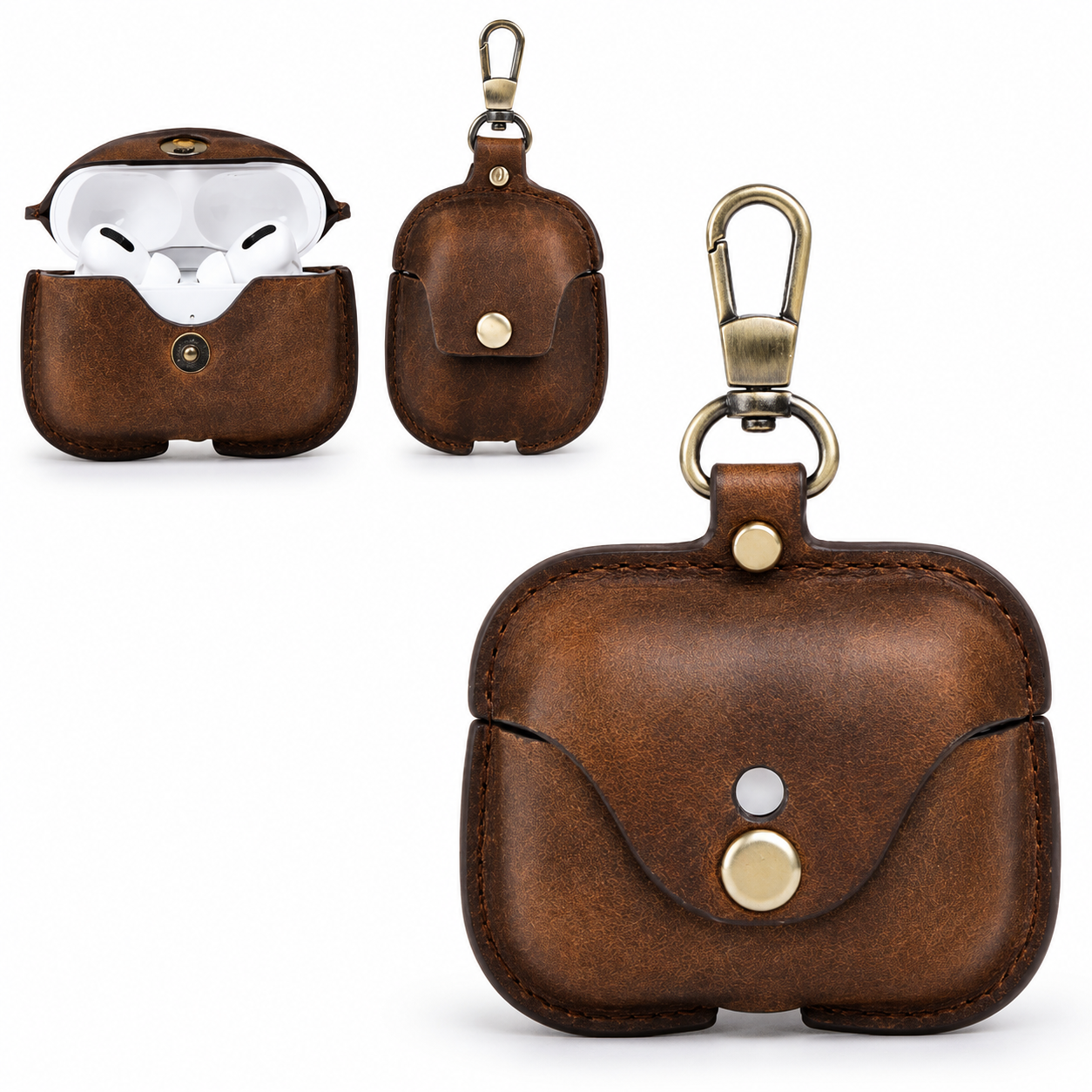 Premium Genuine Leather AirPods Case Shockproof Protective Cover Slim Design Keychain Clip Wireless Charging Compatible Lightweight Compact Portable