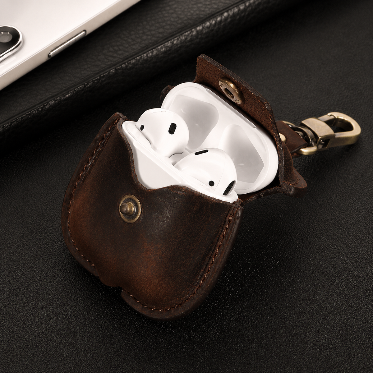 Premium Genuine Leather AirPods Case Shockproof Protective Cover Slim Design Keychain Clip Wireless Charging Compatible Lightweight Compact Portable