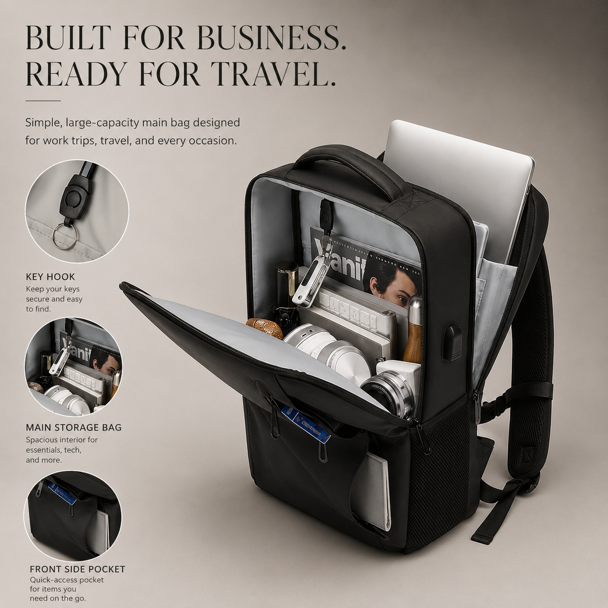 Premium Laptop Backpack Waterproof Expandable Business Travel Bag USB Charging Large Capacity 13 to 17 Inch Laptop Compatible Pack Everyday Carry