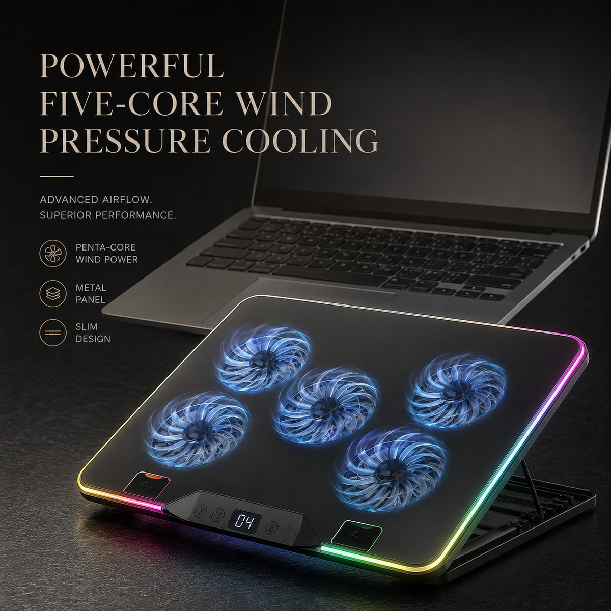 Premium Laptop Cooling Pad RGB Gaming Notebook Cooler Adjustable 6 Fan Heat Dissipation Stand Ergonomic Laptop Cooler Airflow Support Platform