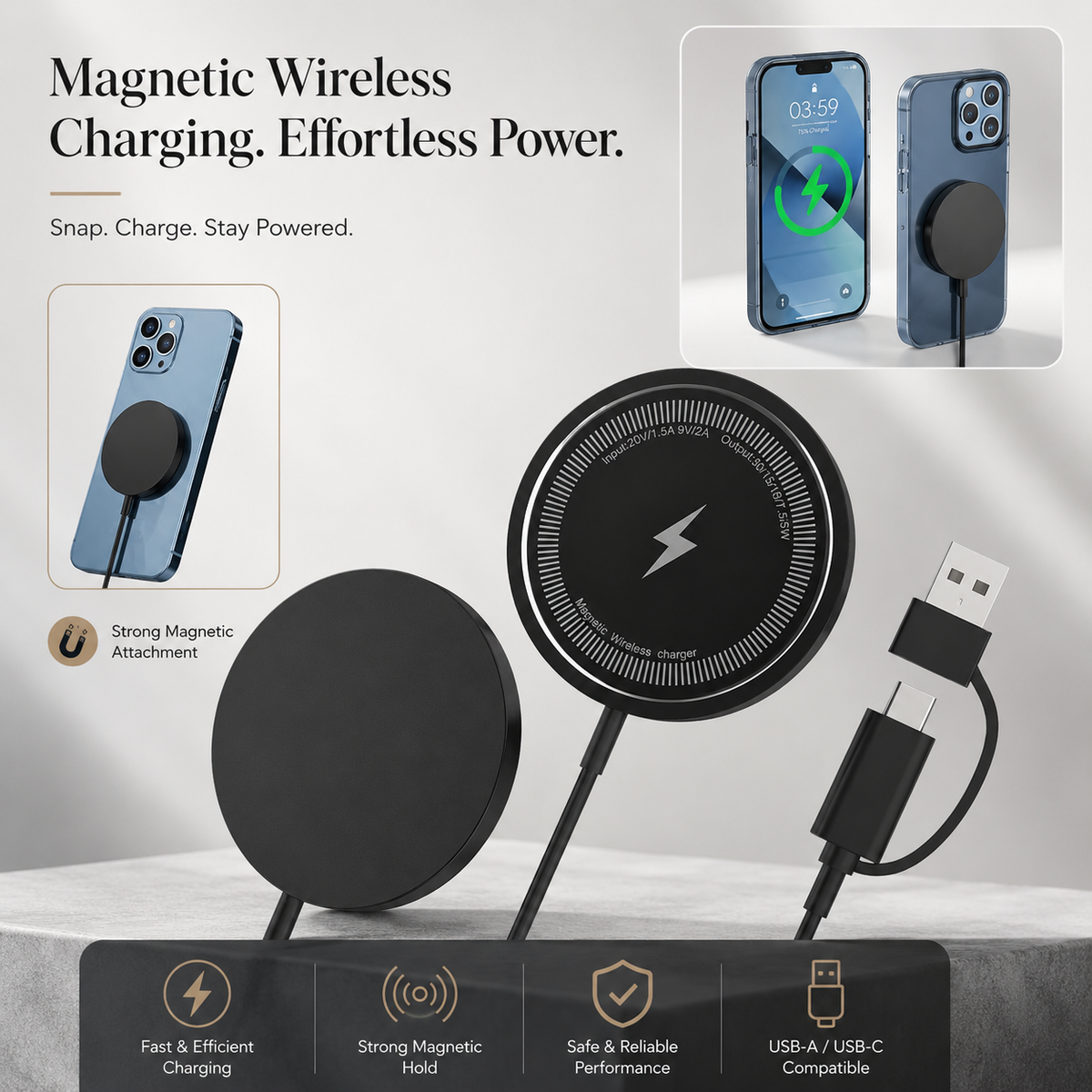 Premium MagSafe Compatible Magnetic Wireless Charger 30W Fast Wireless Charging Pad Slim Portable Dock for Smartphones and Earbuds Home Office Travel